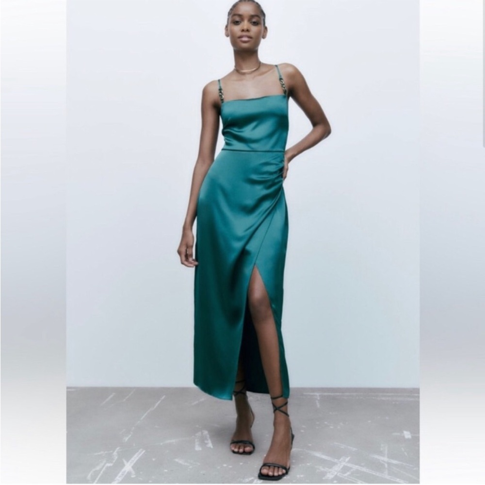 Zara Green Satin Midi Dress